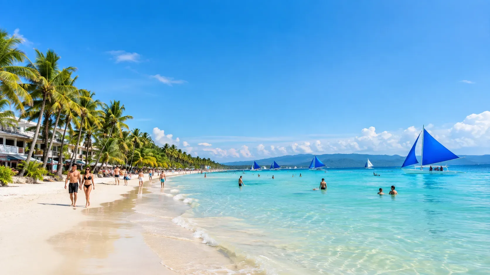 La plage de Boracay, avec des bateaux amarrés au large.