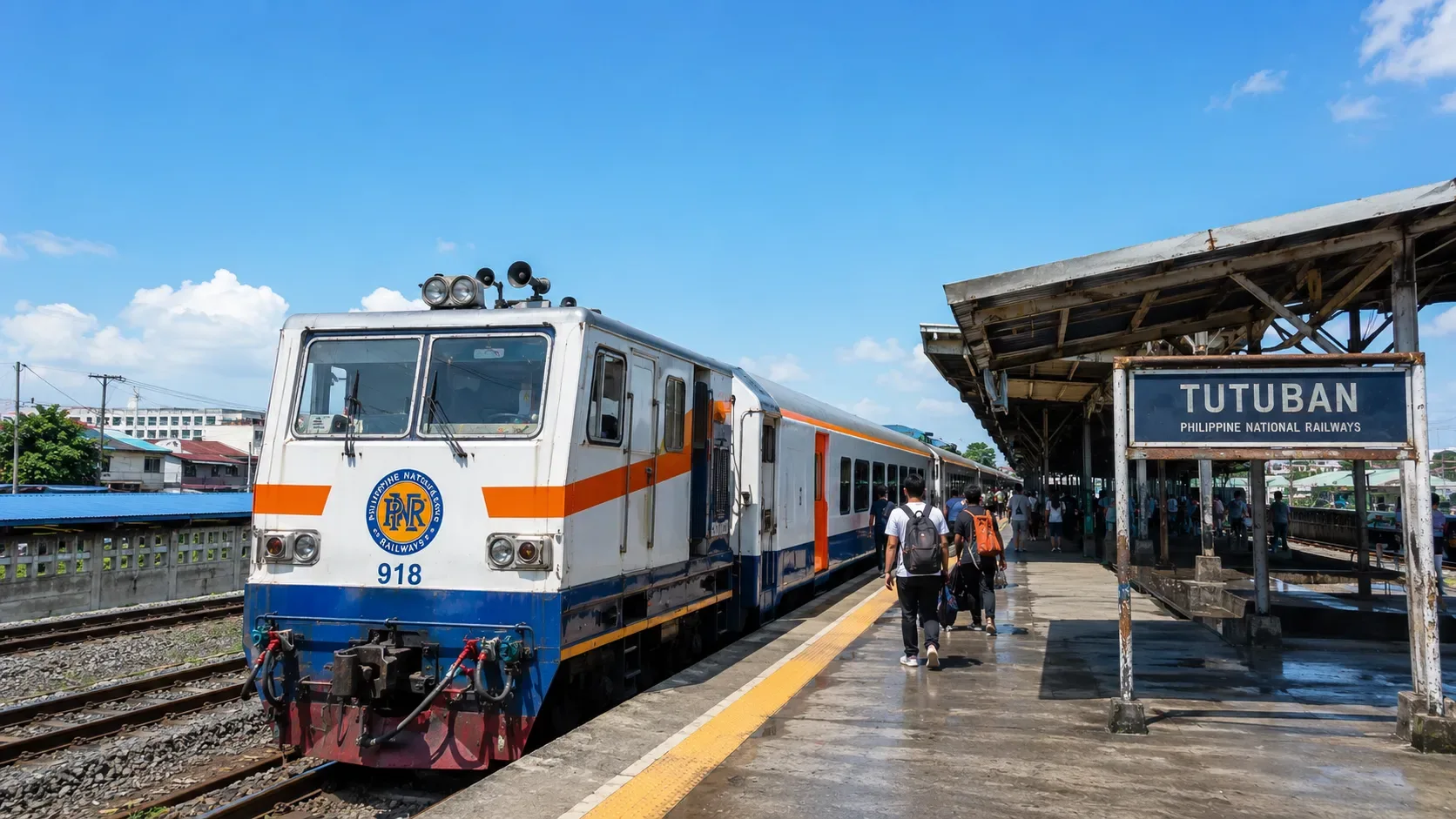 Un train des Philippine National Railways à quai dans une gare.